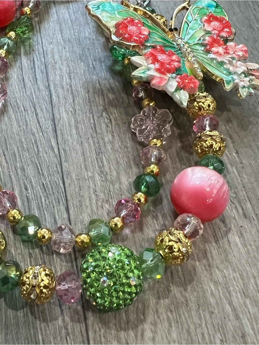 Handcrafted Butterfly Charm Beaded Bracelet - Green & Pink
